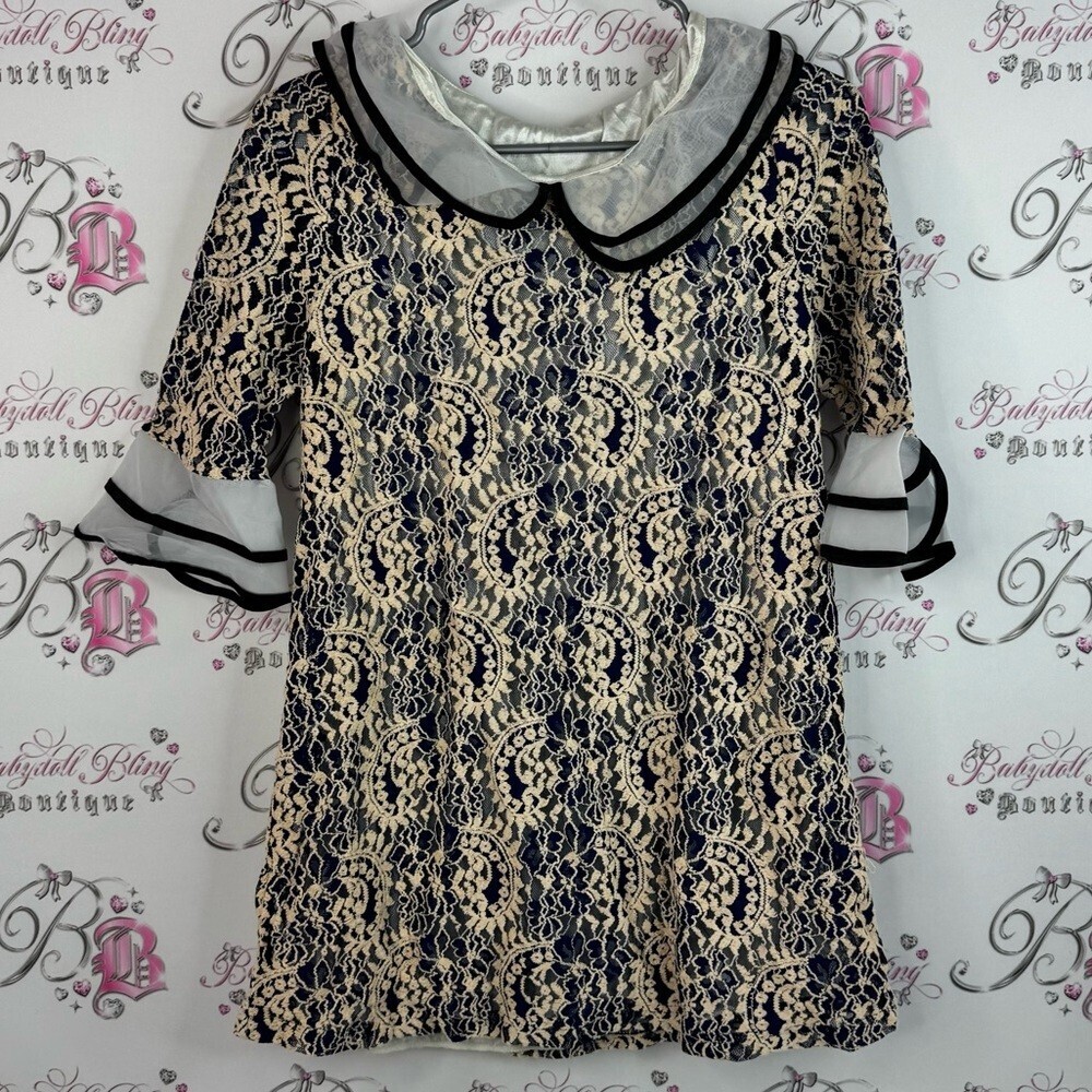 Onnineg blouse crochet lace Elegant Lace top blue cream Top Pan Collar
